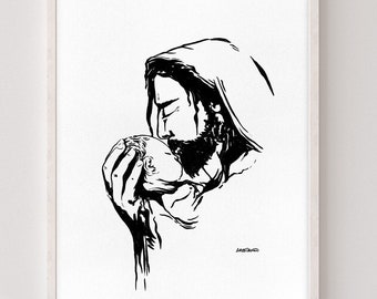 Jesus Holding Baby | Bereavement | Memorial Gift | Print of Charcoal Portrait