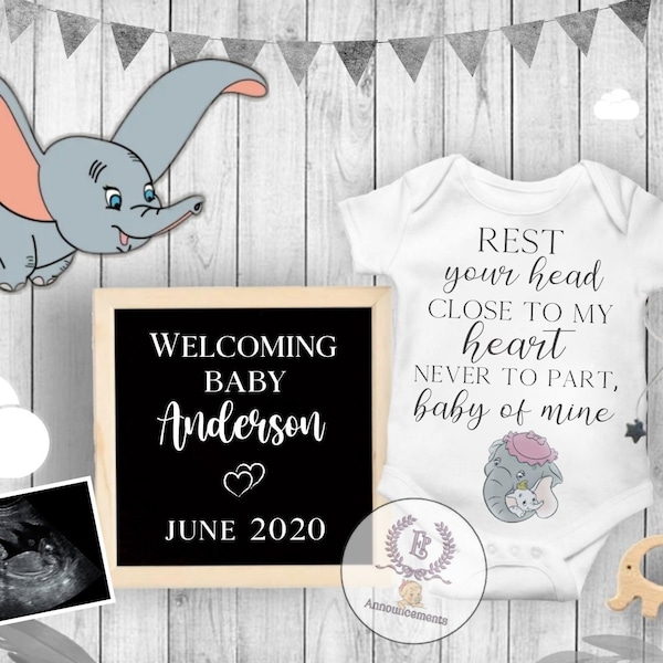 Dumbo digital pregnancy announcement Social Media | Customisable Digital file | Neutral pregnancy | Boy and girl | White and grey theme