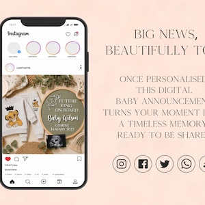 May include: A smartphone displaying an Instagram post of a baby announcement featuring a lion cub graphic on a white sweatshirt, a round felt letter board with the text FUTURE KING ON BOARD BABY WILSON COMING JANUARY 2025, and an ultrasound image.