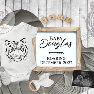 Anuncio de embarazo de tigre gris y blanco / Género neutral / Archivo digital personalizado / Anuncio de bebé de redes sociales / Temática de tigre