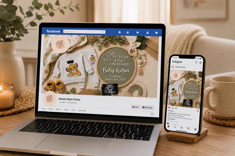 May include: A laptop and a smartphone displaying social media pages for Sweet Nest Prints. The screens show a baby announcement featuring a white sweatshirt with a lion graphic, a round sign reading Future King On Board, and an ultrasound image.