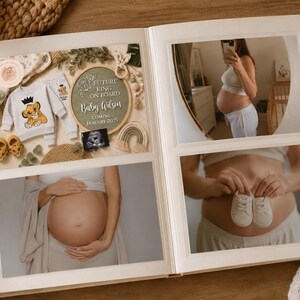 May include: A photo album containing three images: a flat lay of baby clothes with a lion graphic and a sign reading FUTURE KING ON BOARD Baby Wilson COMING JANUARY 2025, a mirror selfie of a pregnant person, and a close-up of hands holding baby shoes.