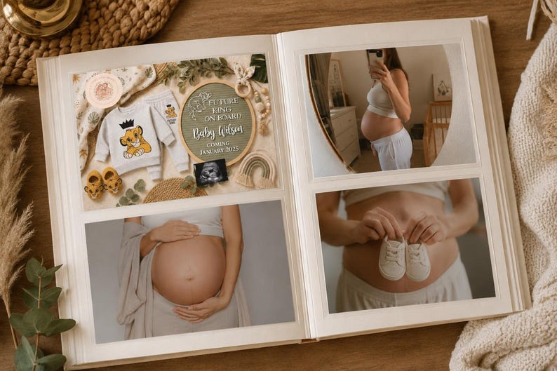 May include: A photo album containing three images: a flat lay of baby clothes with a lion graphic and a sign reading FUTURE KING ON BOARD Baby Wilson COMING JANUARY 2025, a mirror selfie of a pregnant person, and a close-up of hands holding baby shoes.