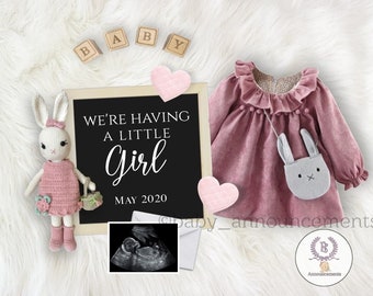 It's a girl Digital Pregnancy announcement for Social Media | Gender reveal | Custom words and your ultrasound | Announcement with rabbit