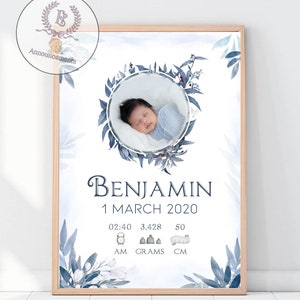 Printable wall art with birth stats | Customisable newborn photo | Birth announcement | Baby boy frame | Nursery wall decor | Digital file