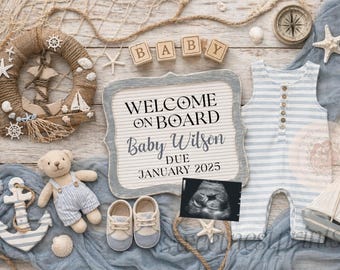 Editable Nautical Baby Announcement | Welcome On Board Baby Reveal Template | Pregnancy Announcement with Ultrasound | Digital Download