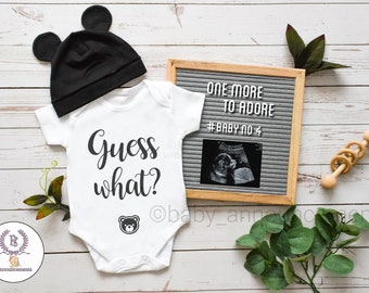 Mickey Mouse Baby Announcement | “Guess What?” Onesie with Ears | Pregnancy Reveal Outfit | Personalized Baby | Gender Neutral announcement
