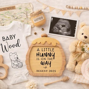Nalle Puh babymeddelandemall redigerbar graviditetsavslöjande digital nedladdning, neutral babymeddelande, honungskruka brevtavla