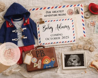 Travel Themed Baby Announcement | Bear Adventure Pregnancy Reveal | Vintage Suitcase Baby Reveal | Social Media Announcement Post Template