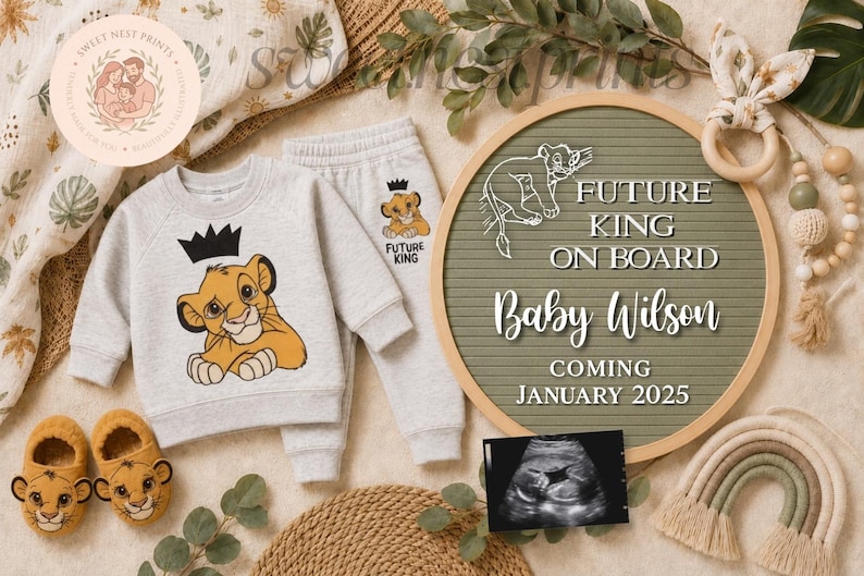 May include: A light gray baby sweatshirt and matching joggers featuring a graphic of a lion cub wearing a black crown. The set includes matching lion-themed slippers, a round letter board with the text Future King On Board Baby Wilson Coming January 2025, and a sonogram image.