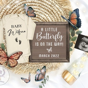 Anuncio de embarazo en forma de mariposa para redes sociales / Anuncio de bebé neutro / Archivo digital / Texto y ecografía personalizables / Bebé pequeño