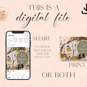 May include: A digital file advertisement featuring a smartphone displaying an Instagram post of a baby announcement with a lion graphic, alongside the text: THIS IS A digital file, SHARE, FACEBOOK, INSTAGRAM, TWITTER, WHATSAPP, PRINT, OR BOTH.