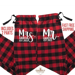 Pijama de casal Sr. e Sra., conjunto de 2, calças de pijama xadrez vermelho e preto Buffalo, pijamas de Natal combinando, pijamas de casal Sr. e Sra., tamanho grande