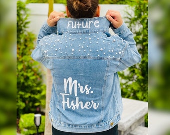 Customized Last Name Popped Collar Pearl Embellished Studded Jean Denim Jacket for Bride Future Mrs. Honeymoon Bachelorette Customized Etsy