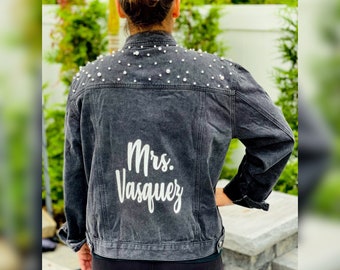 Customized Last Name Pearl Embellished Studded Jean Black Denim Jacket for Bride Future Mrs., Honeymoon Bachelorette Personalized Jacket