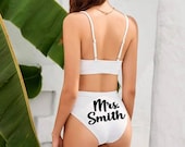 Bride Mrs. Honeymoon Bikini Two Piece Swim Suit, White High Waisted Adjustable Straps Bikini For Bride