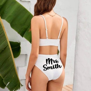 Bride Mrs. Honeymoon Bikini Two Piece Swim Suit, White High Waisted Adjustable Straps Bikini For Bride