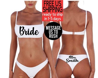 Traje de baño de dos piezas para novia: Bikini de luna de miel blanco, personalizado para señora.