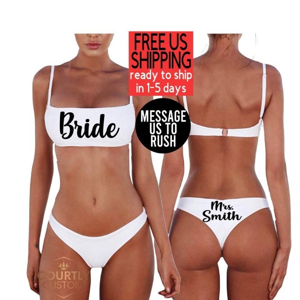 Bride Mrs. Honeymoon Bikini Two Piece Swimsuit, White Low Rise Bridal Bathing Suit, Bride To Be Wifey Bachelorette Wedding Custom, Cheeky