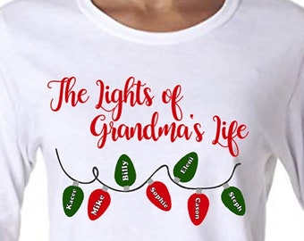 Christmas Shirt for Mom Grandma Nana Grandma Grandpa Dad, The Lights Of Nanas Life with Custom Kids Names, Holiday Gift, Stocking Stuffer