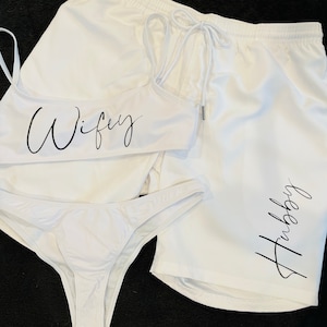 Honeymoon Wifey and Hubby Bride & Groom Matching Black and White Bathing Suit Swimsuit Swimwear Engagement Bridal Wedding Shower Gift Mr Mrs