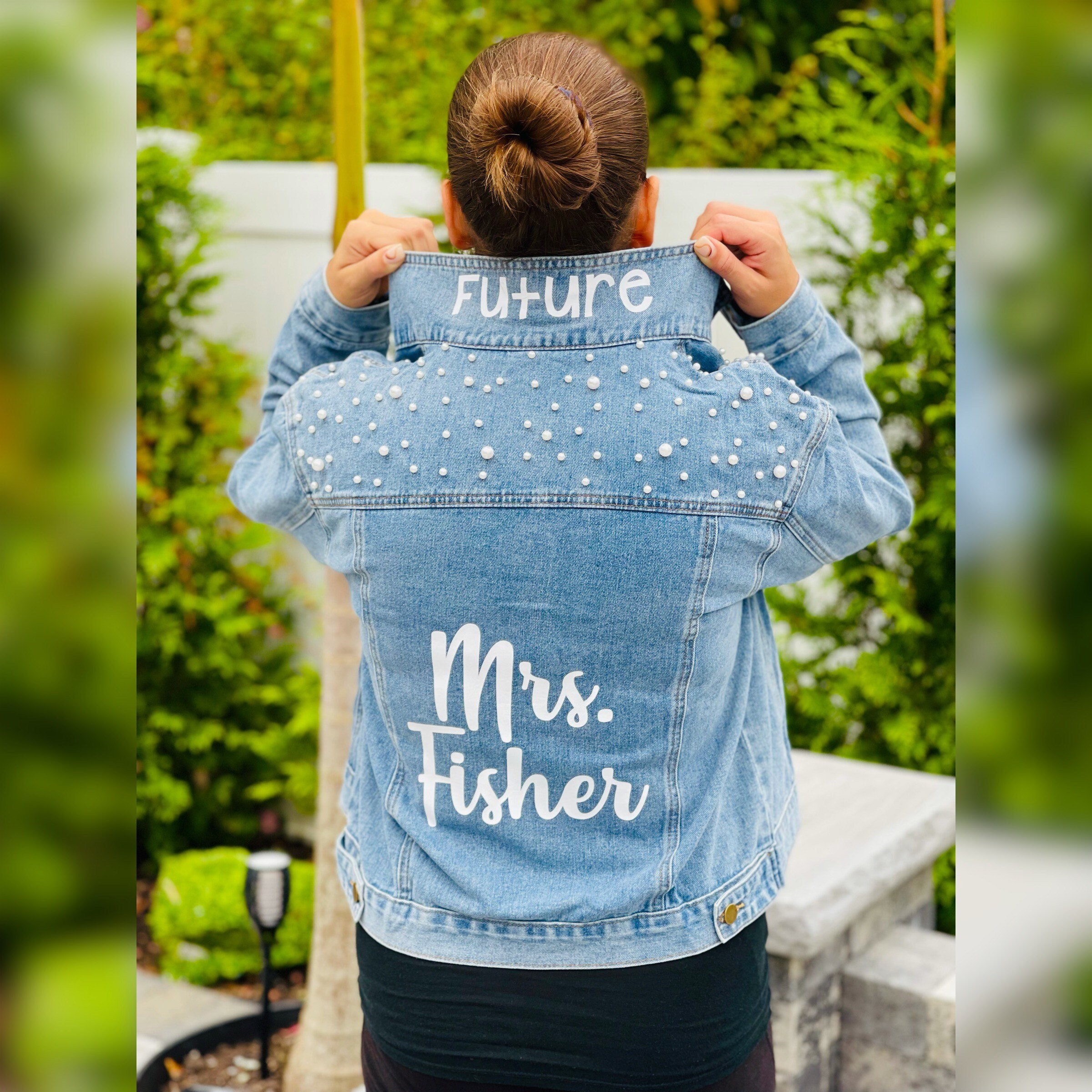 Customized Last Name Popped Collar Pearl Embellished Studded