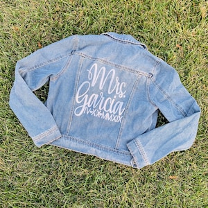 Customized Last Name and Date in Roman Numerals Jean Denim Jacket for Bride Future Mrs. Fiance, Honeymoon Bachelorette Personalized Jacket