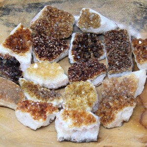 May include: A selection of raw citrine crystal clusters in shades of brown, amber, and yellow, displayed on a wooden surface. The crystals have a rough, textured appearance and vary in size and shape. A natural, earthy product.
