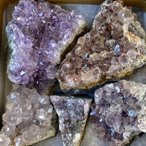 May include: A selection of amethyst crystal clusters displayed in a cardboard box. The crystals vary in shades of purple, from pale to rich hues, with visible crystalline formations. The box is lined with white padding, highlighting the natural beauty of the crystals.