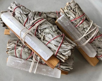 Smudge Bundle- Cleansing and Healing Bundle- Sage Set- White Sage- Selenite- Palo Santo