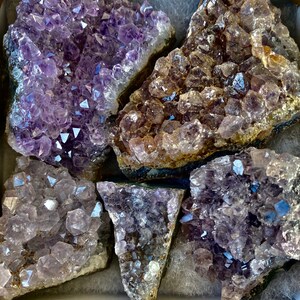 May include: A selection of amethyst crystal clusters displayed in a cardboard box. The crystals vary in shade from dark purple to pale lavender and are set on white padding. The crystals exhibit a sparkling, crystalline structure.