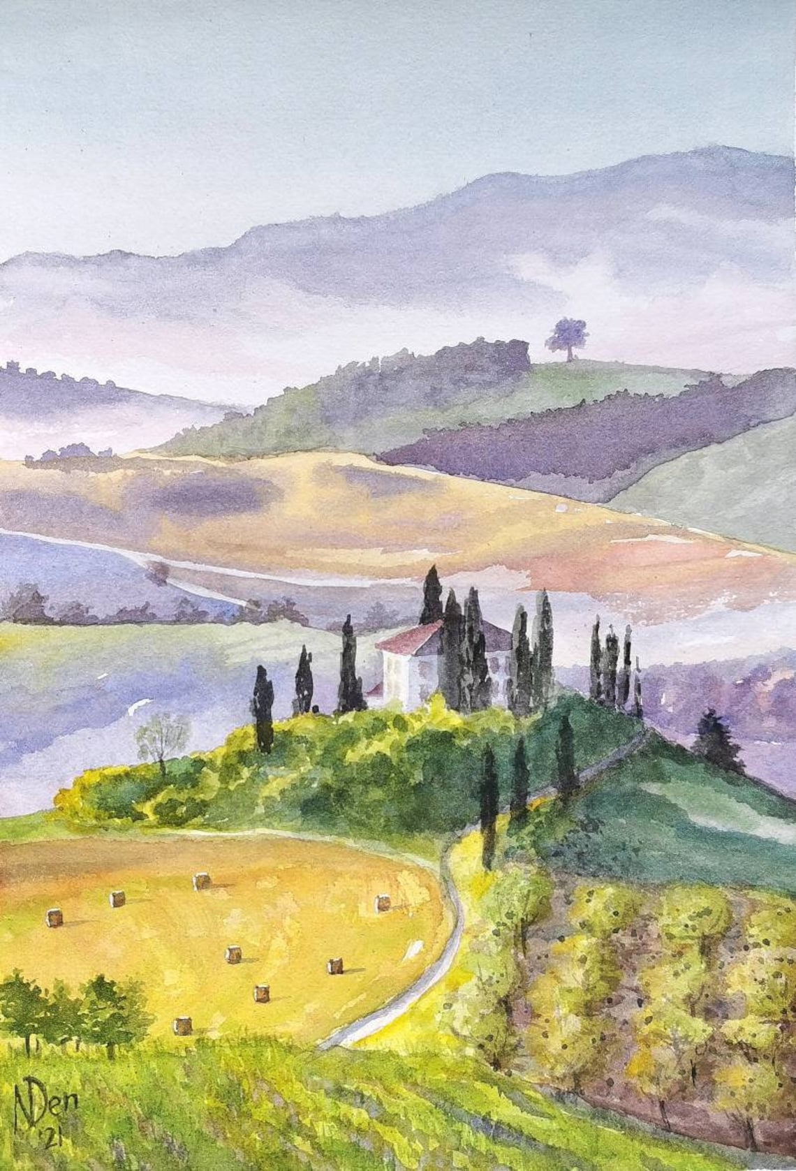 Tuscany Landscape Original Watercolor Painting 8.3 by 11.7 Etsy
