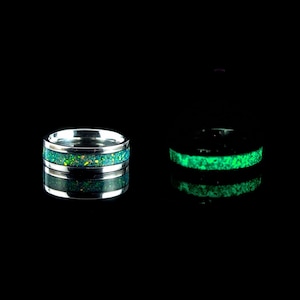 Olive Green Opal Glow Ring: Handmade Tungsten or Steel Band