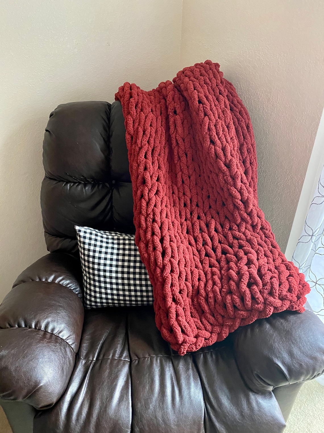 Red Chunky Knit Blanket Etsy