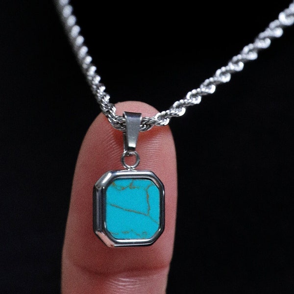 18K Silver Turquoise Blue Pendant Necklace, Turquoise Stone Pendant Men, Men's Black Stone Necklace, Stainless Steel, Perfect Gift for Him