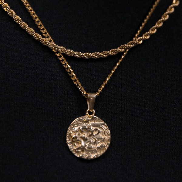 18k Lion of Judah Coin Pendant for Men Lion Coin Pendant Chain Mens Chain Lion Necklace Gold Pendant Vintage Tiger Head Man Boyfriend Gift