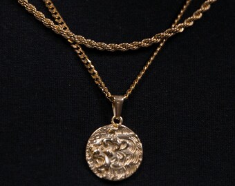 18k Lion of Judah Coin Pendant for Men Lion Coin Pendant Chain Mens Chain Lion Necklace Gold Pendant Vintage Tiger Head Man Boyfriend Gift