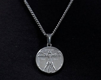 18k Silver  Da Vinci Vitruvian Man Pendant Chain Mens Humankind Necklace Gold Man Pendant Vintage Necklace For Men  Boyfriend Gift
