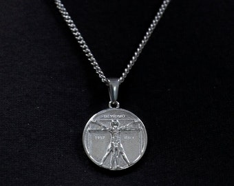 Pendentif homme Da Vinci en argent 18 carats de Vitruve, chaîne pour homme, pendentif homme humain en or, collier vintage pour homme, cadeau petit ami