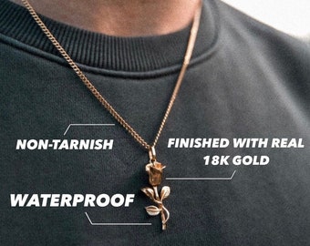 18k Gold Rose Pendant Chain Mens Necklace Handmade Jewelry Waterproof Necklace Necklace For Men Gift For Him Gift For Boyfriend