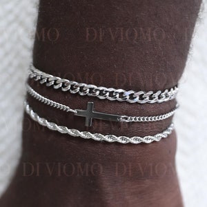 Silver Cross Bracelet, Waterproof Bracelet, Mens Silver Cuban Curb Bracelet, Stainless Steel, Mens Jewelry, Cuban Link Bracelet for Men Gift