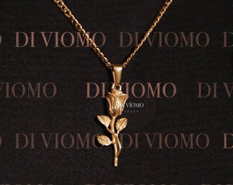 18k Gold Rose Pendant Chain Stainless Steel Mens Necklace Handmade Jewelry Waterproof Necklace Necklace For Men Gift For Him