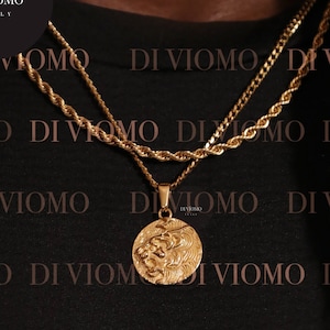 18k Lion of Judah Coin Pendant for Men Lion Coin Pendant Chain Mens Chain Lion Necklace Gold Pendant Vintage Tiger Head Man Boyfriend Gift
