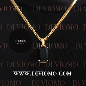 18K Gold Black Onyx Pendant Necklace, Black Stone Pendant Men, Men's Black Stone Necklace, Stainless Steel, Perfect Gift for Him