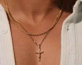 Collier crucifix en or 18 carats, collier imperméable, collier en acier inoxydable, collier croix, collier en couches crucifix pour homme, cadeau pour lui