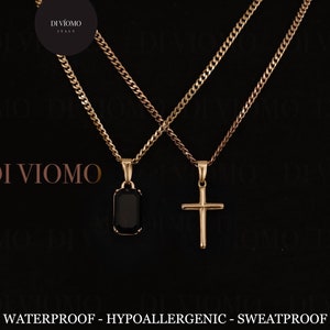 18k Gold Cross Necklace, Onyx Necklace, Gold Cross Necklace, Men Waterproof Necklace, Gold Cross Pendant Christian Jewelry, Gift For Him