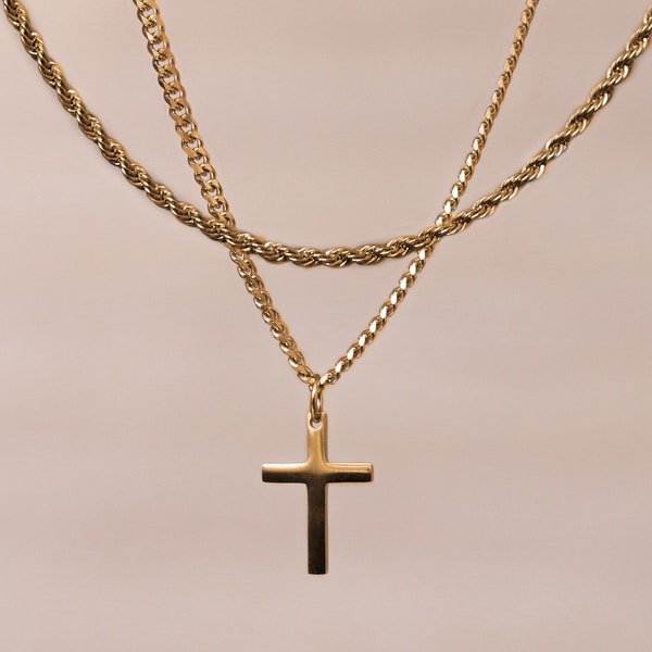 18k Gold Cross Necklace Layered Set Cross Necklace Men Gold Cross Pendant Christian Jewelry Boyfriend Gift Gift For Him Gift For Boyfriend