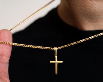 18k Gold Cross Necklace, Gold Cross Necklace, Men Waterproof Necklace, Gold Cross Pendant Christian Jewelry, Gift For Him Gift For Boyfriend