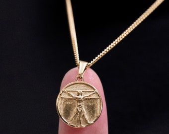 18k Gold Da Vinci Vitruvian Man Pendant Chain Mens Humankind Necklace Gold Man Pendant Vintage Necklace For Men Boyfriend Man Boyfriend Gift