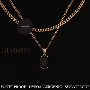 18K Gold Black Onyx Pendant Necklace, Black Stone Pendant Men, Men's Black Stone Necklace, Stainless Steel, Perfect Gift for Him